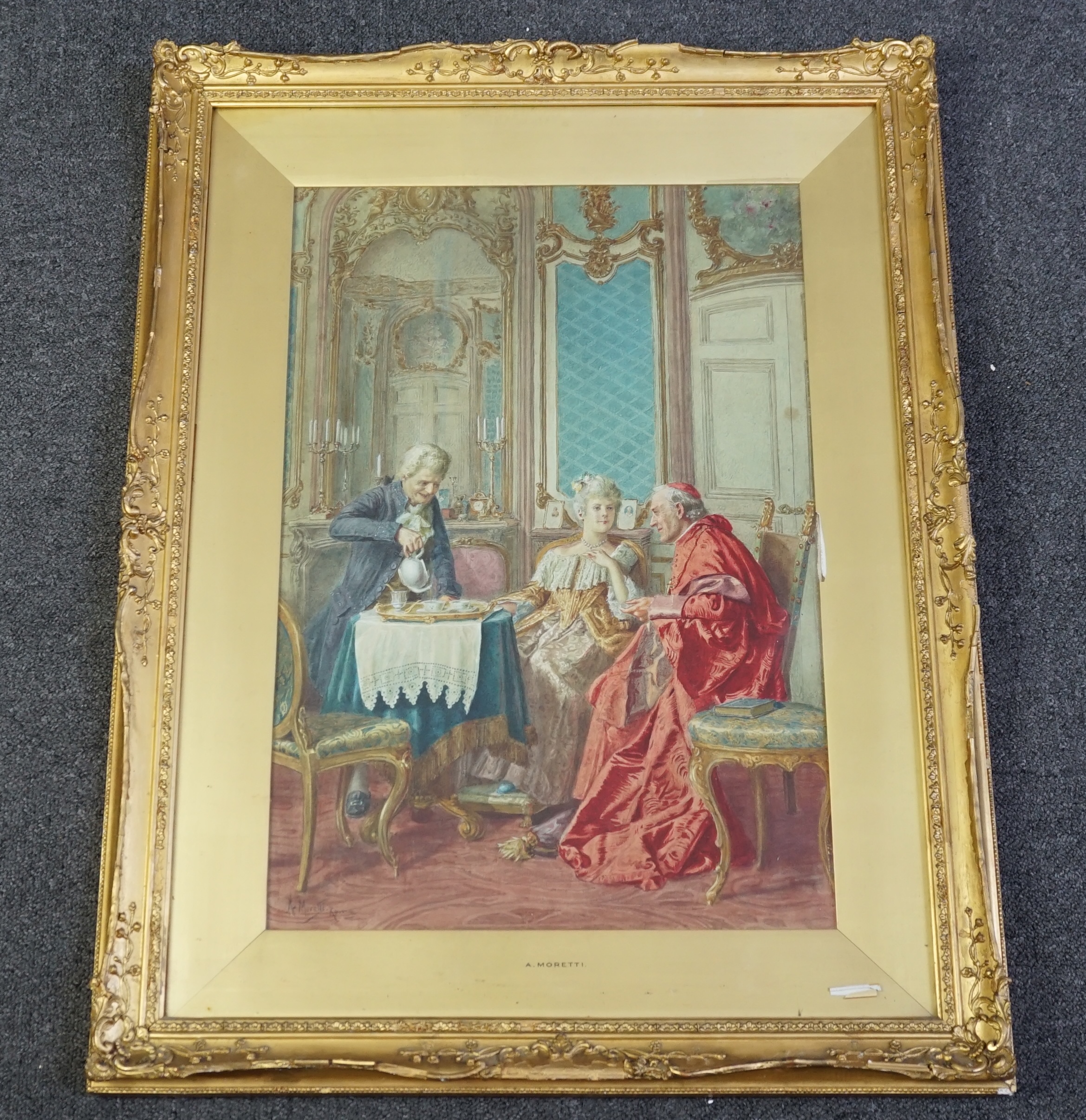 Renato Moretti (Italian, 1863-1913), watercolour, 'The Cardinal's tea party', signed and inscribed Roma, 53 x 36cm, ornate gilt frame. Condition - fair, loss to the mount